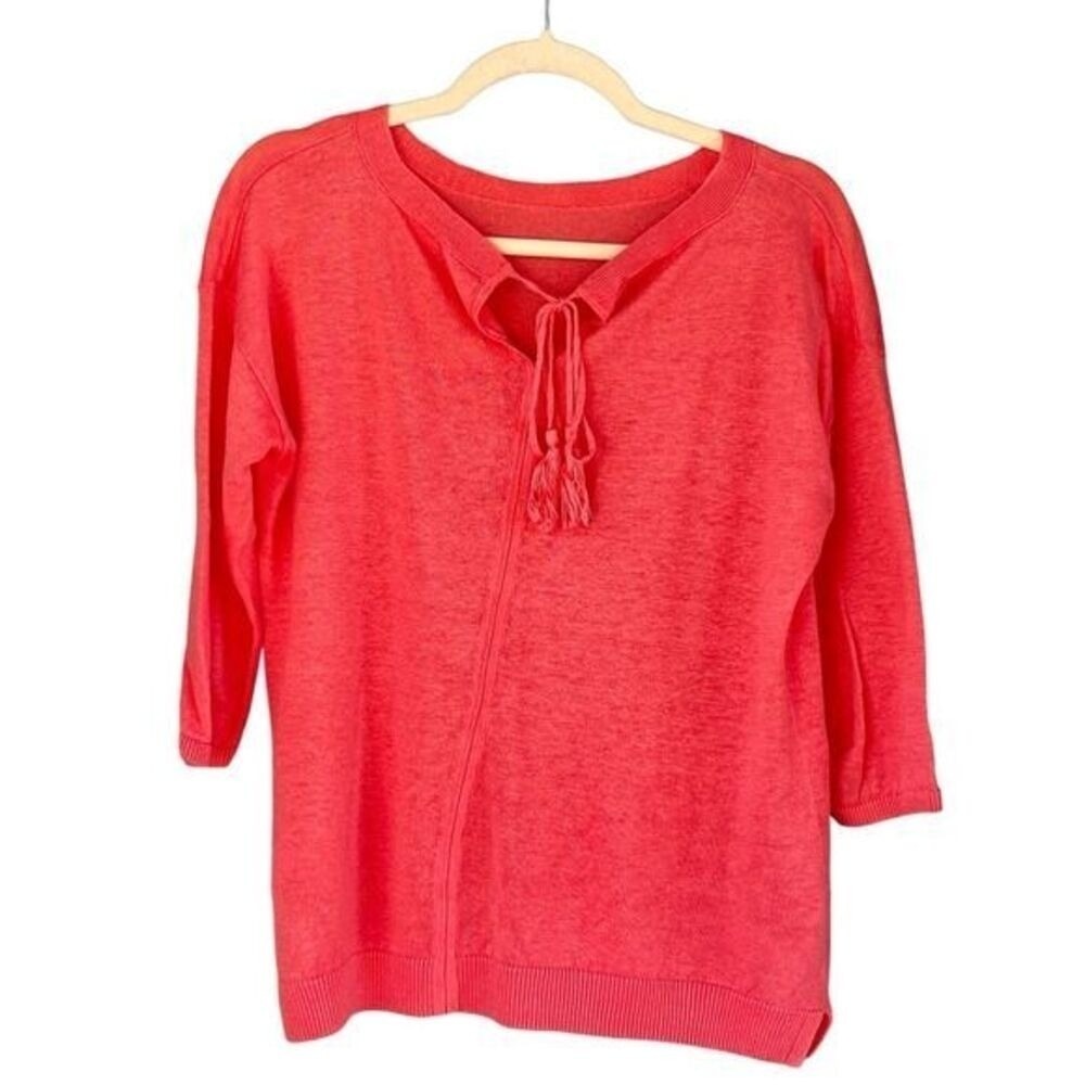 S3 Talbots Linen Sweater Tassel Tie Split Neck Petite Coral Pink Knit Top